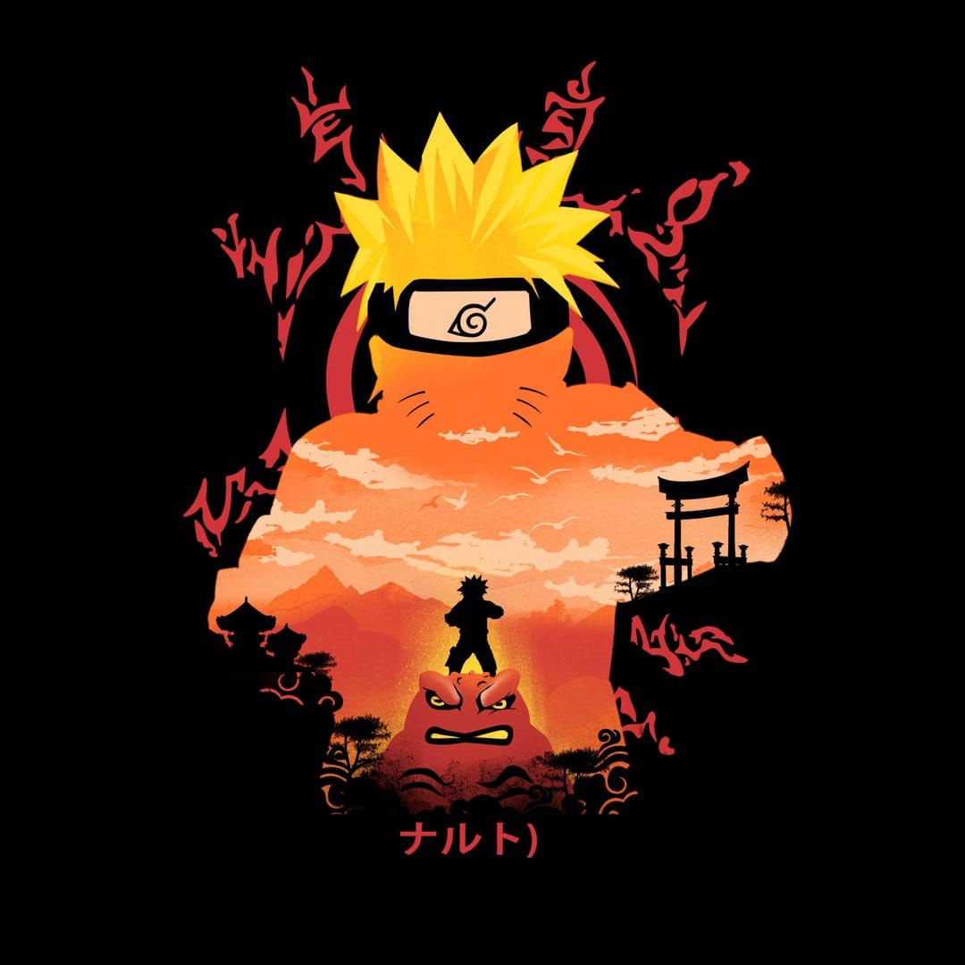 Naruto Uzumaki silhouette stands atop a lava beast under Japanese gates with a red and orange sunset backdrop.