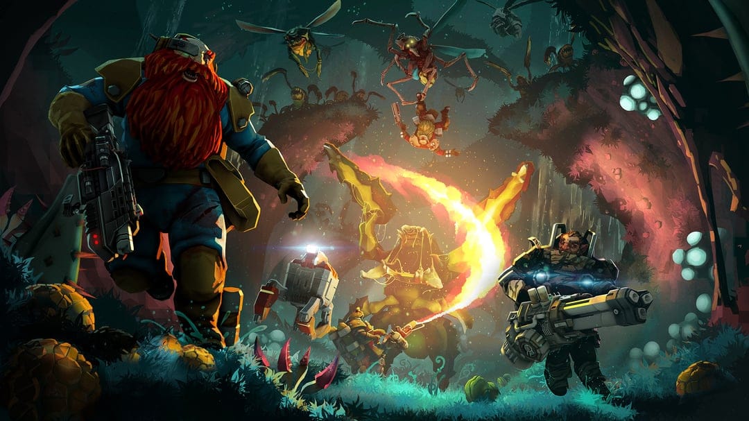 Bearded dwarf and heavy gunner battle flying alien insects in a glowing bioluminescent cave with fire and smoke.
