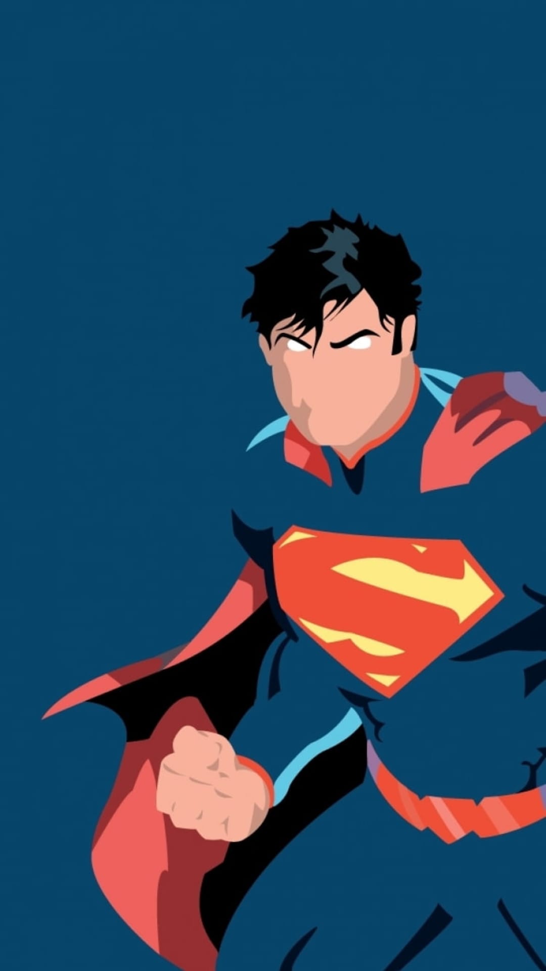 Superman stands in a blue suit with a red cape and yellow S shield against a solid dark blue backdrop.