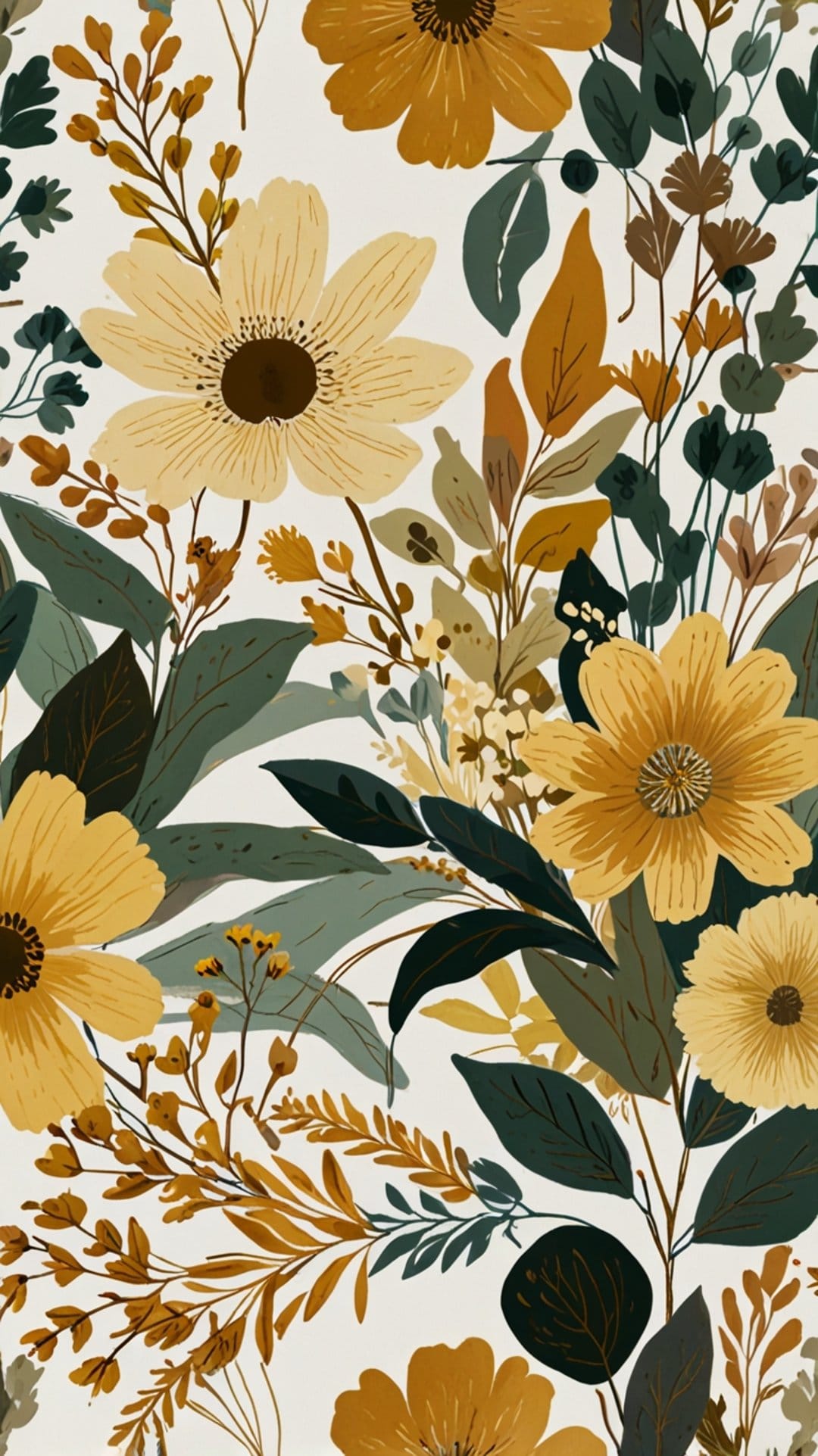 Golden sunflowers and deep green leaves intertwine in a dense botanical pattern with a vintage aesthetic.