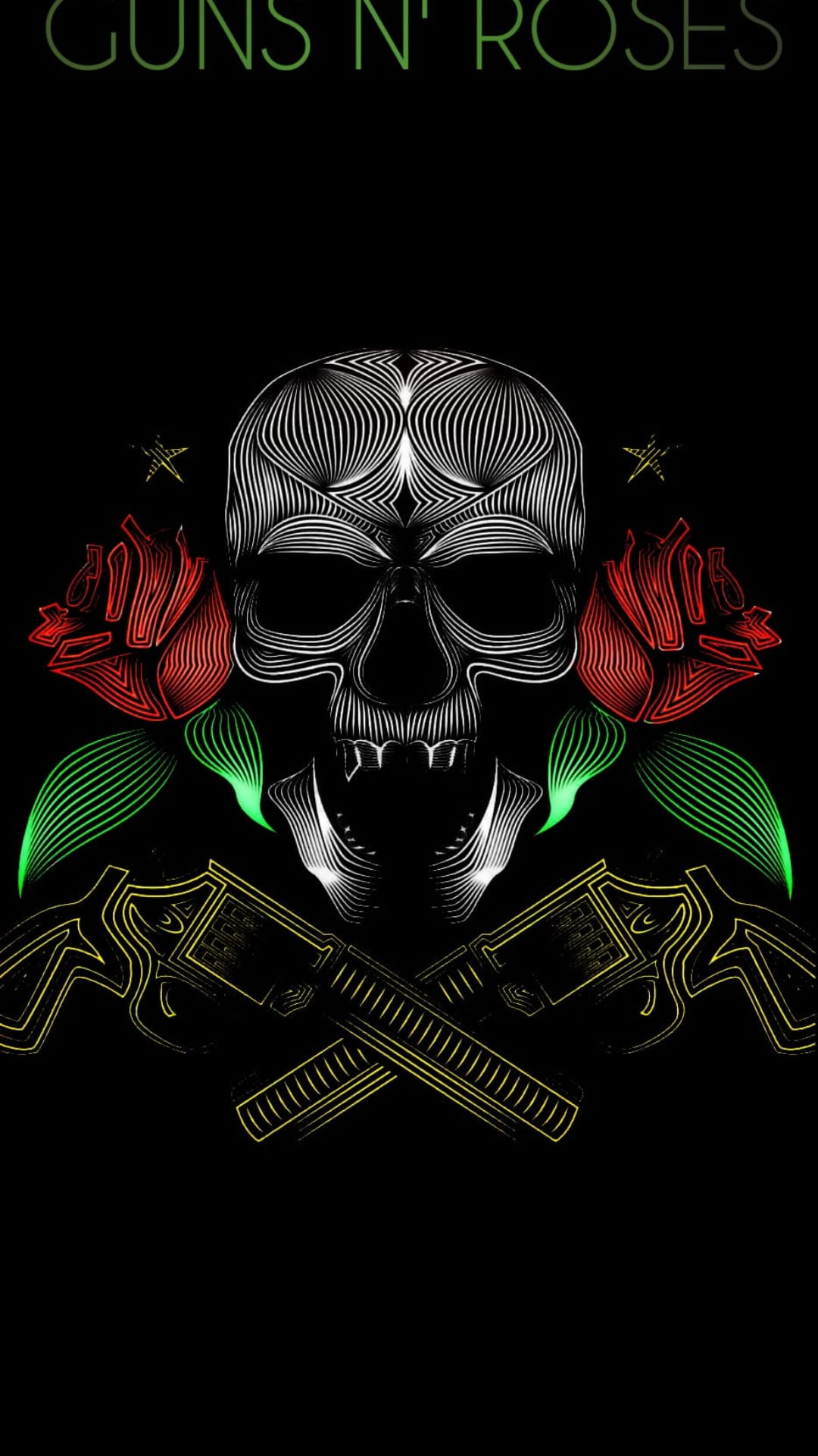 Skull with red roses and crossed revolvers outlined in neon glowing lines over a solid black backdrop.