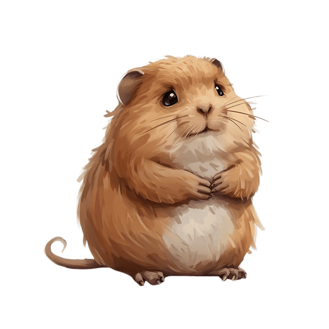 Watercolor hamster illustration sits upright with soft brown fur and dark eyes against a dark background.