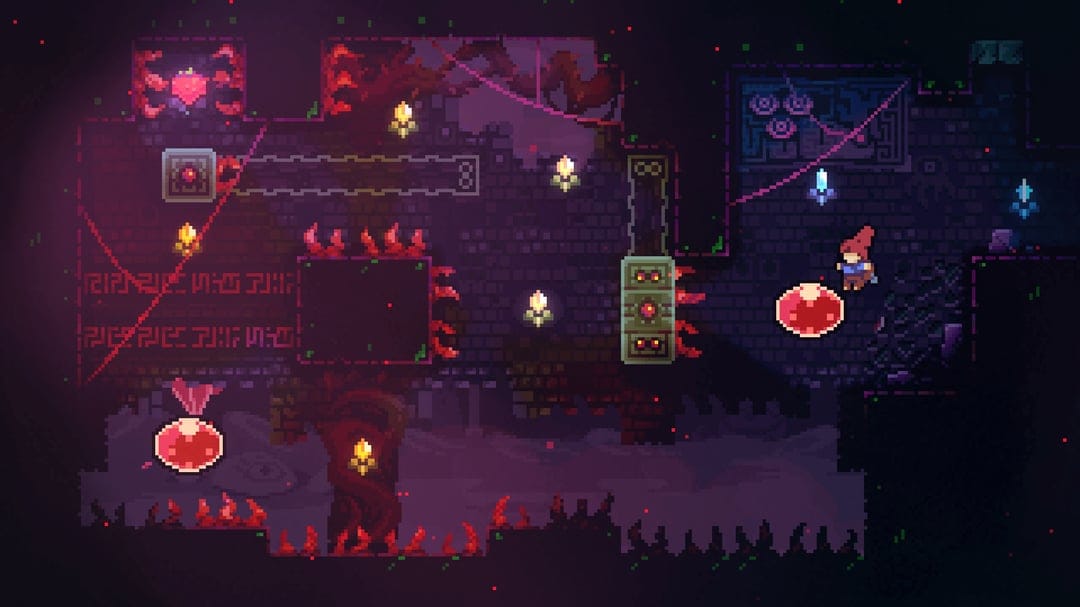 Madeline stands in a dark purple pixel art dungeon with red bubbles, spiked vines, and a winged strawberry.