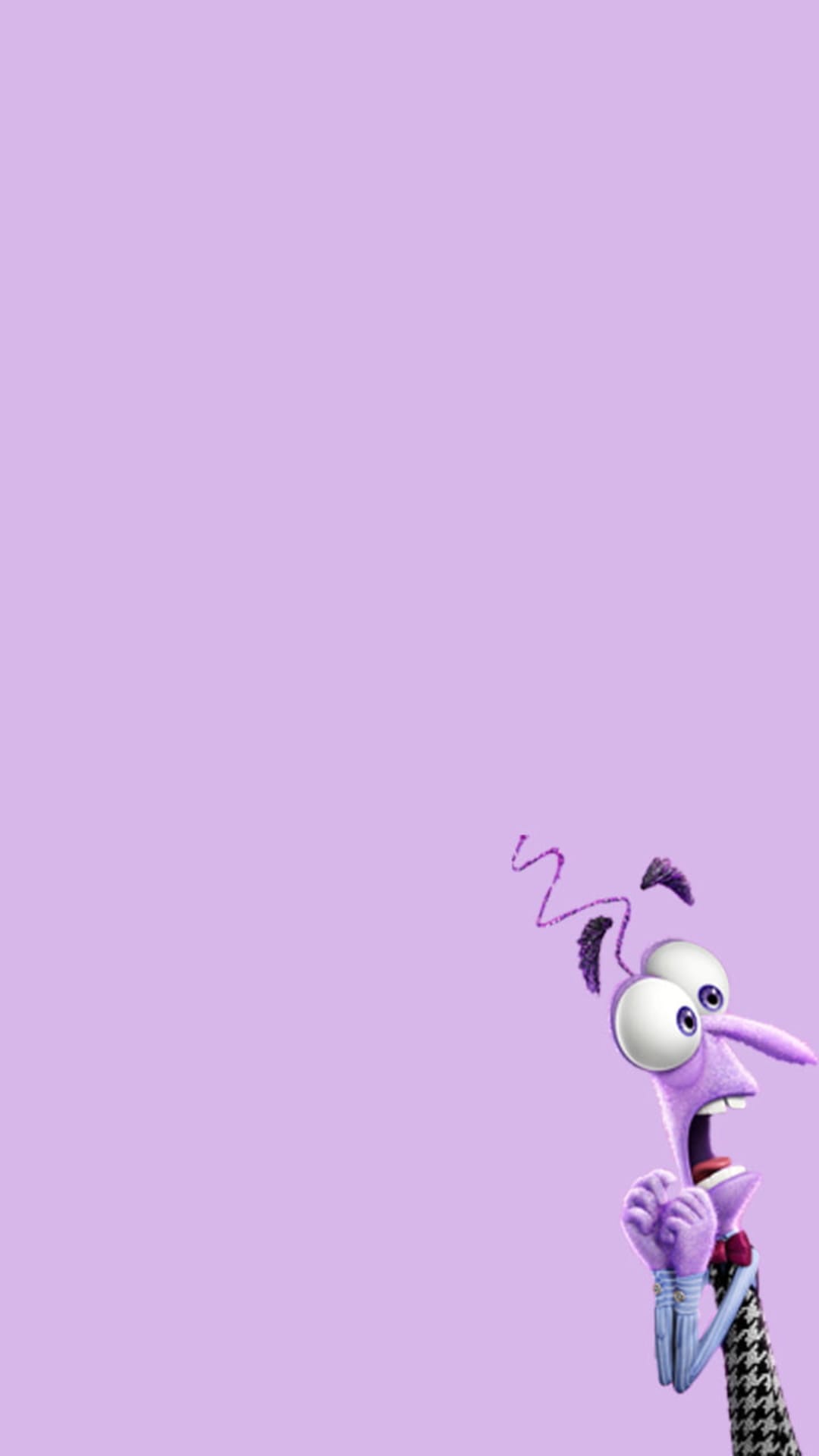 Fear from Inside Out with wide eyes and clasped hands stands centered against a solid lavender purple backdrop.