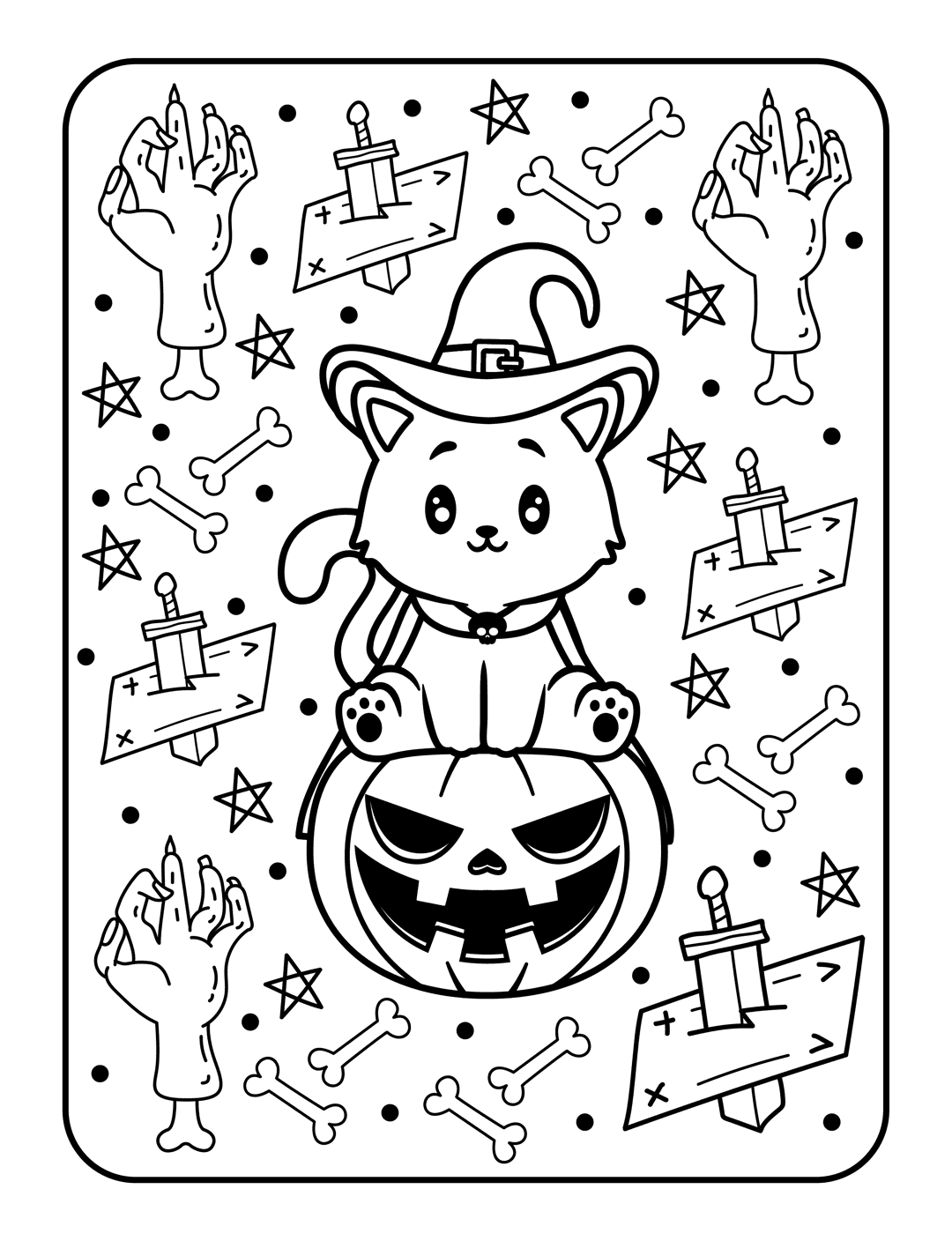 Halloween cat coloring page with a kitten wearing a witch hat on a pumpkin surrounded by stars and bones.
