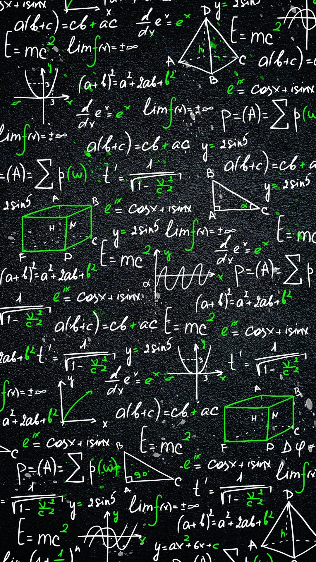 Mathematical equations and geometric diagrams drawn in white and green chalk on a dark slate blackboard background.