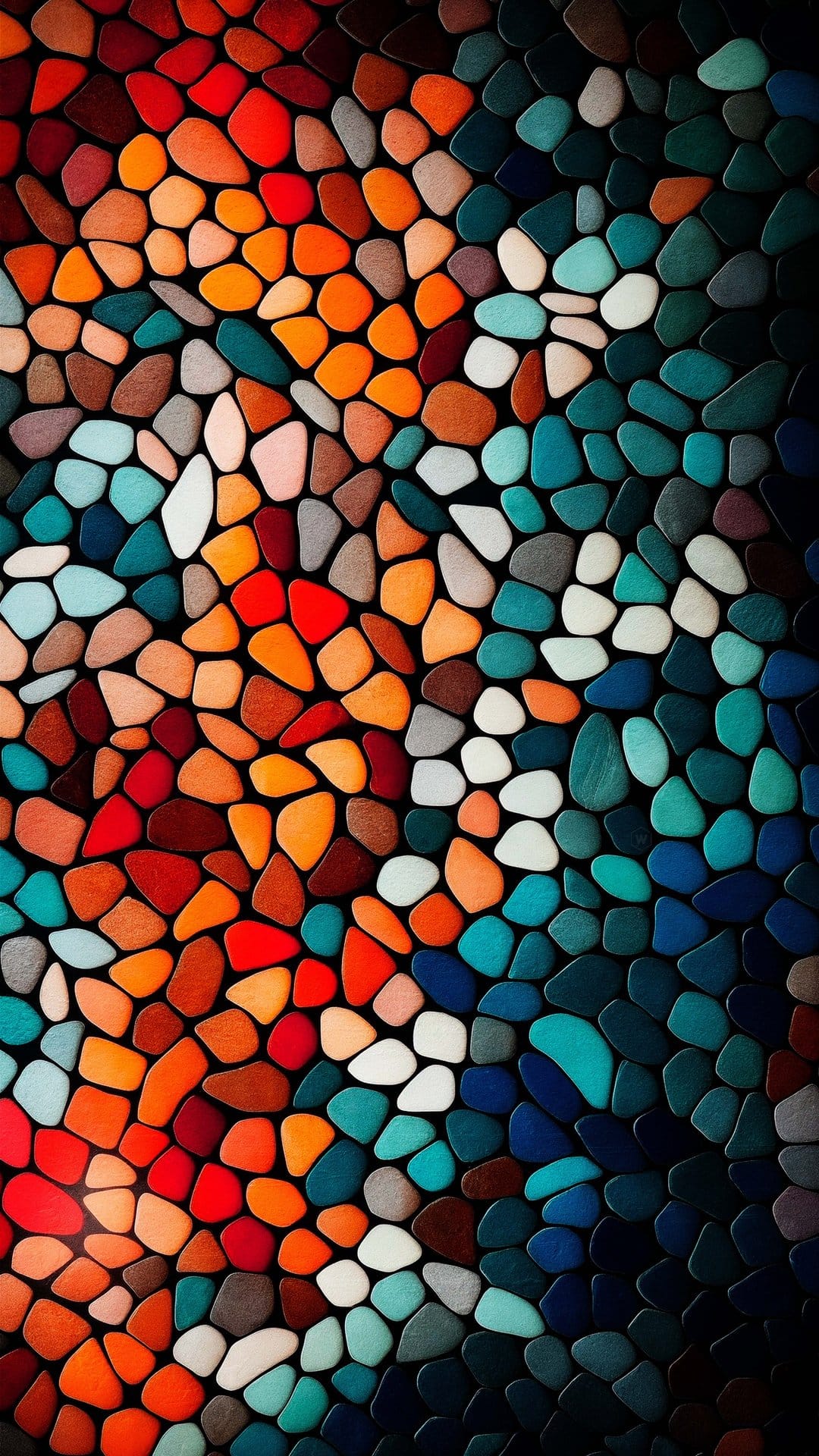 Smooth colorful pebbles arranged in a gradient from red to blue against a dark background in a vertical view.