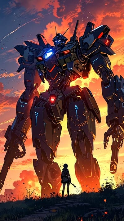 Massive armored robot towers over a small human figure standing on a rocky hill during a vivid orange sunset.