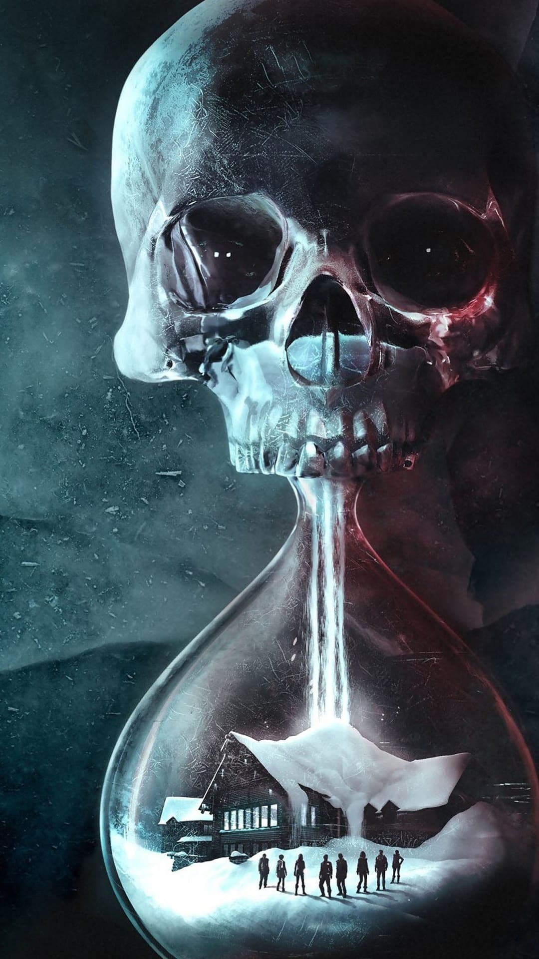 Translucent skull merged with an hourglass containing a snowy cabin and figures under falling light.