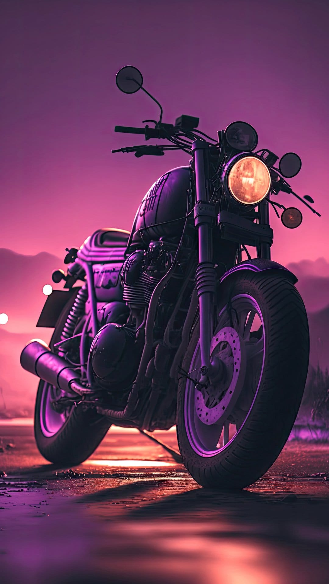 Vintage motorcycle silhouetted against a vivid pink and purple sunset sky featuring dramatic evening lighting.