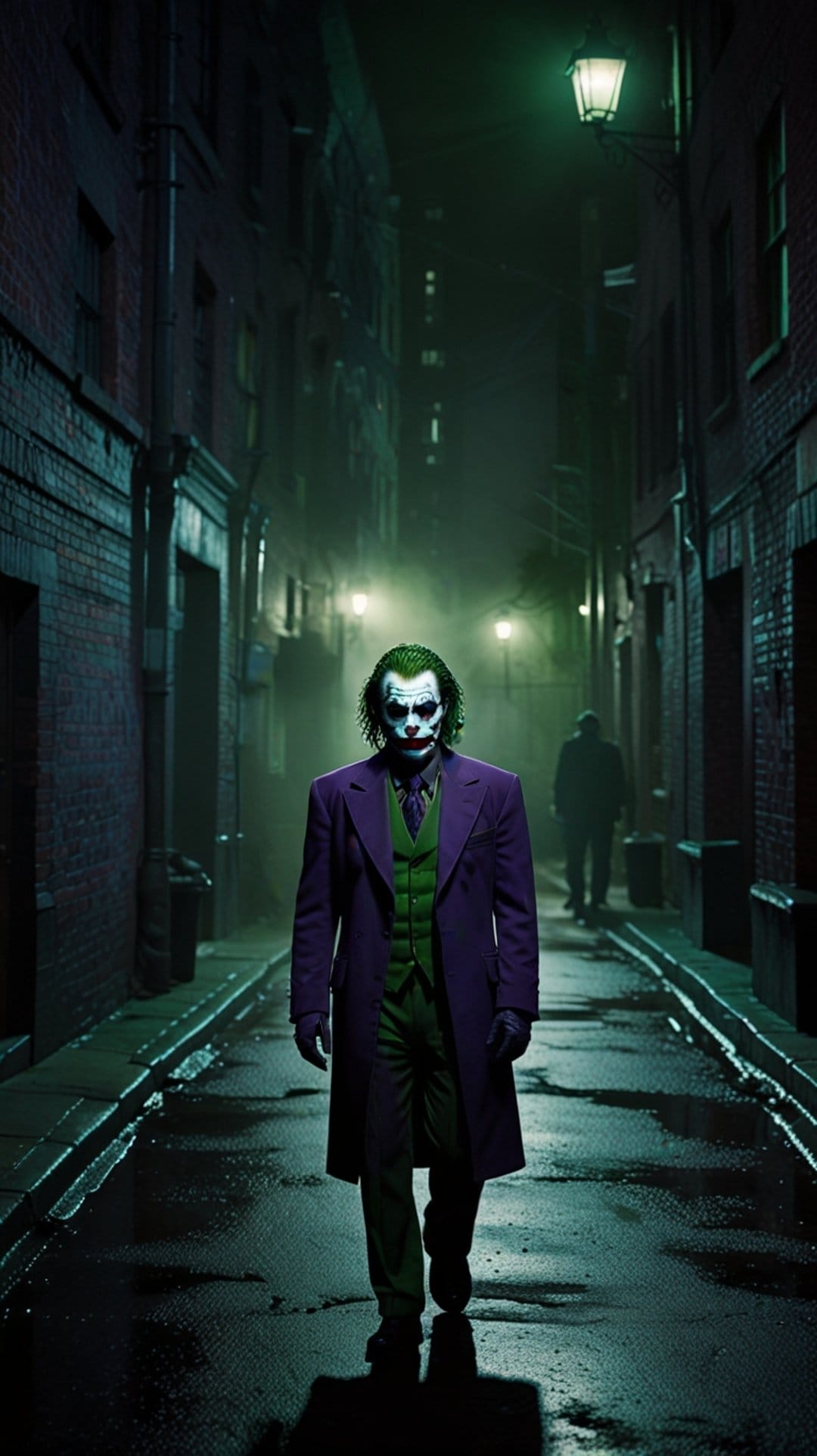 Joker in a purple suit walks through a wet, dark alleyway under green streetlights with a figure in the distance.