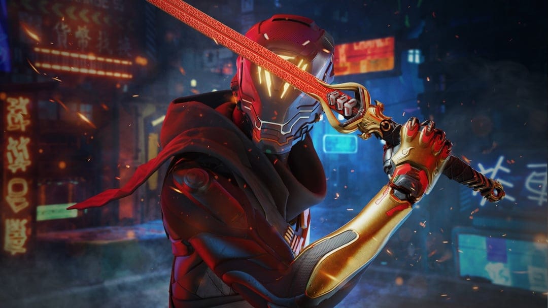 Cybernetic ninja in a dark hood holds a glowing red katana against a blurred neon cyberpunk city background.