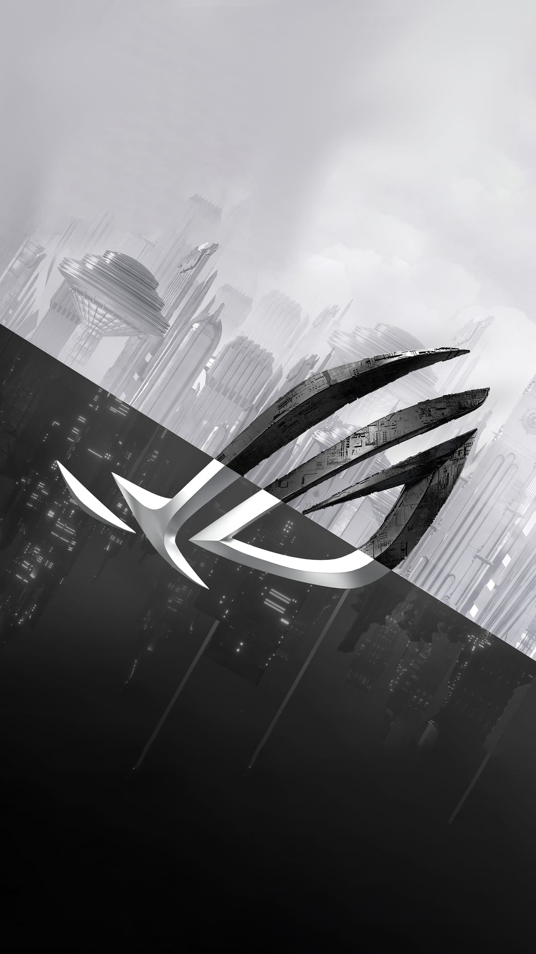 Republic of Gamers logo centered over a split-view black and white city with hazy light and dark glowing windows.