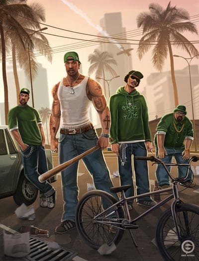 carl johnson,cj,gta,san andreas,characters,grove street,gang,bike,street,palm trees,city,art