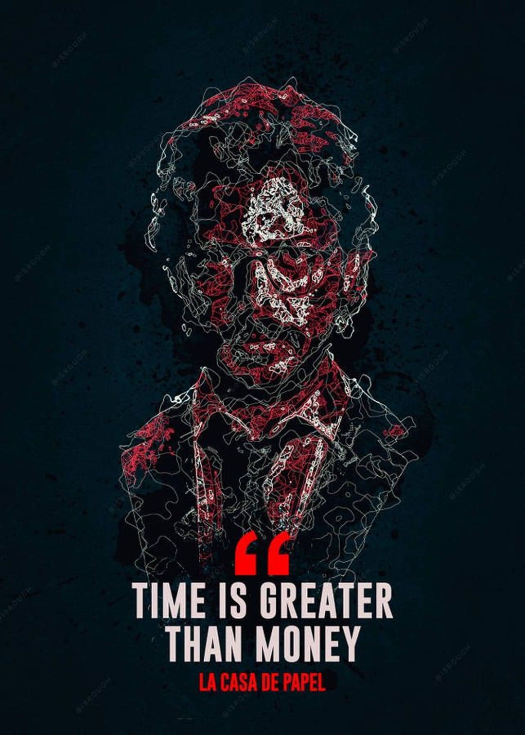 Dali mask portrait in red and white fractured lines above the quote Time Is Greater Than Money on dark gray.