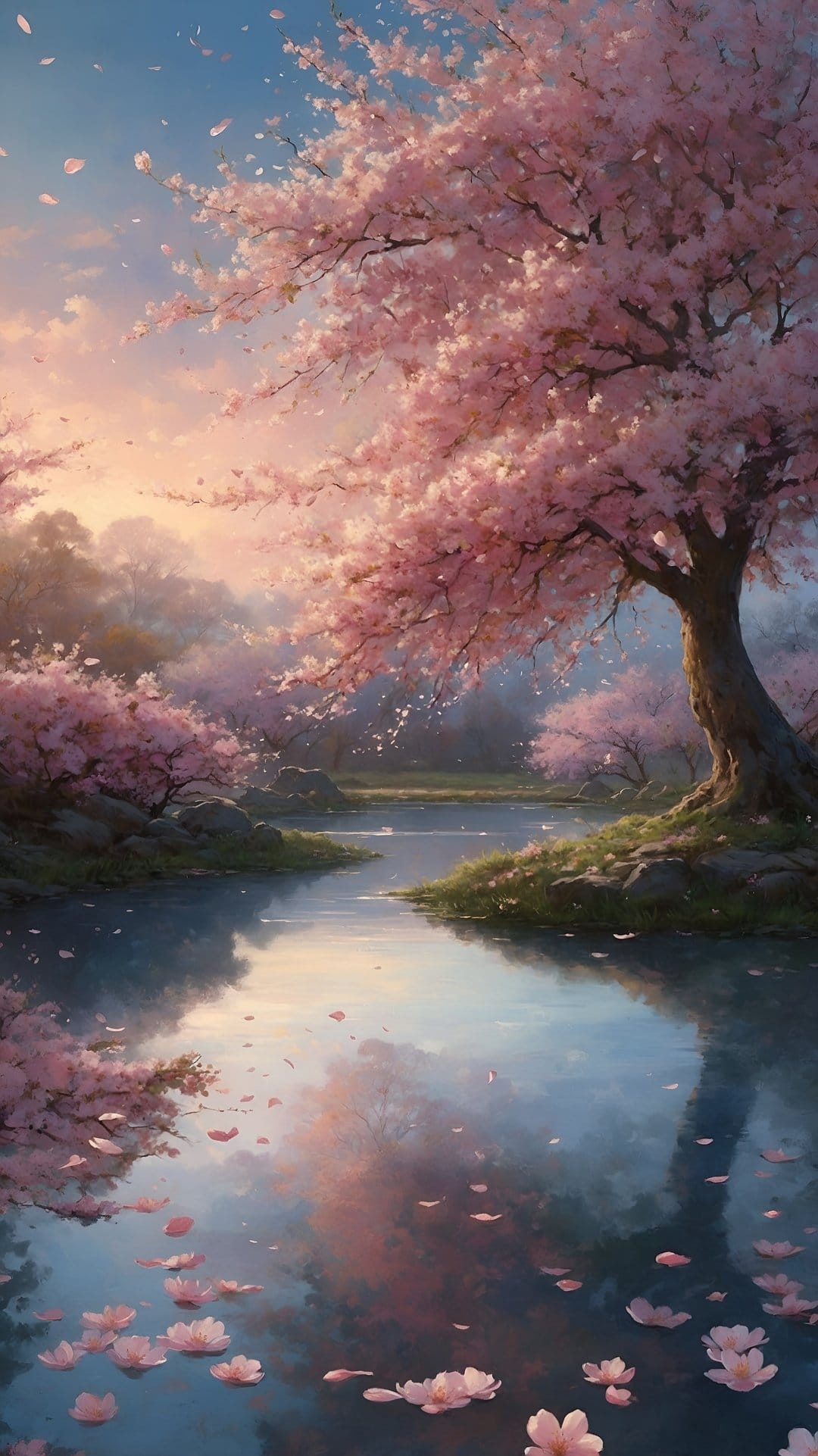 Sakura trees line a calm river with pink petals floating on water under a soft orange and purple sunset sky.