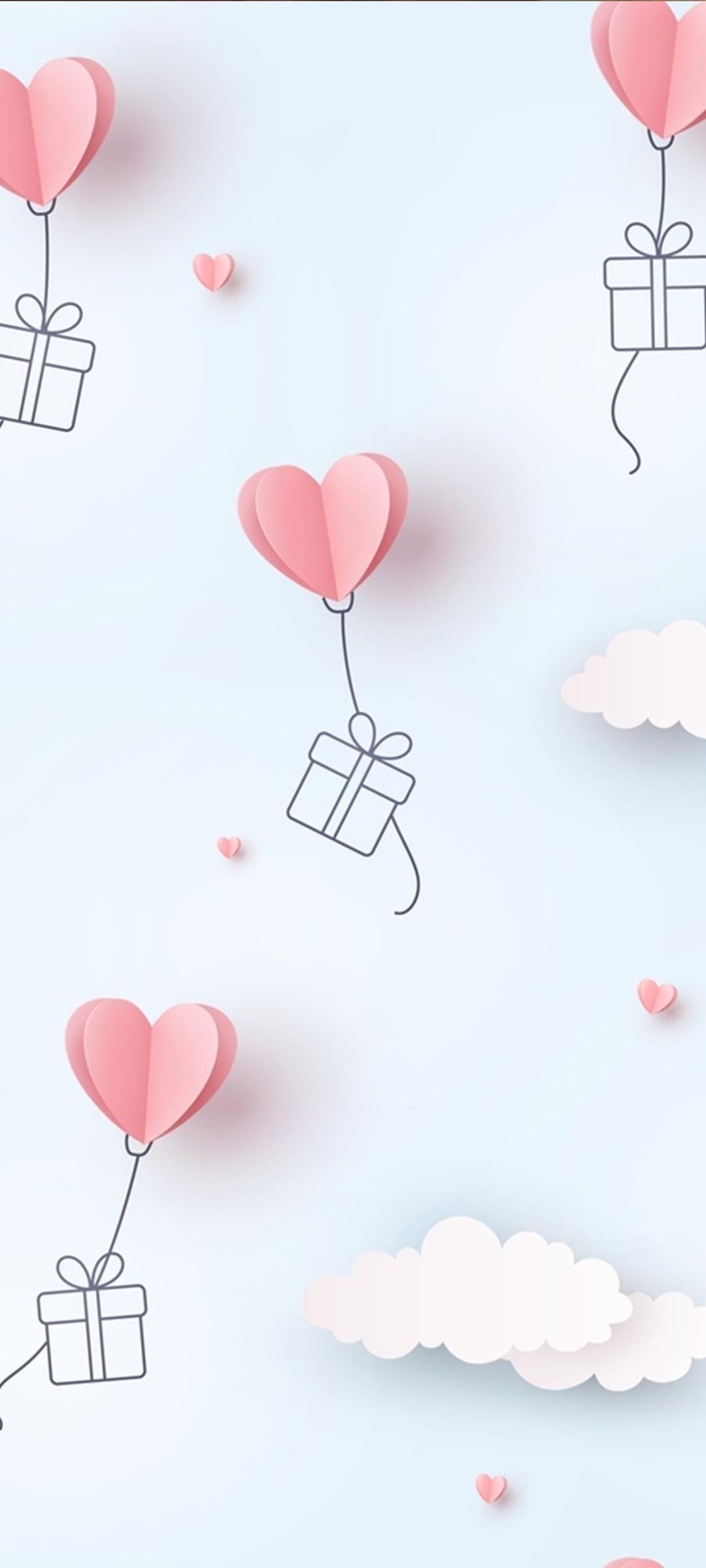 Pink heart-shaped balloons lifting line-drawn gift boxes float past paper clouds in a soft blue sky.