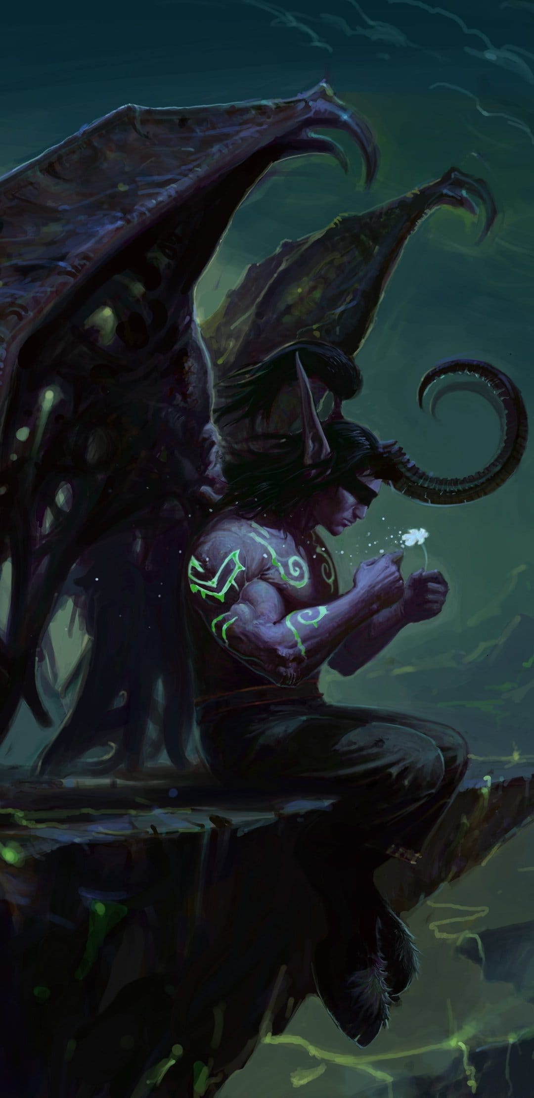 Demon hunter with large wings and glowing green tattoos holding a small white flower on a dark ledge.