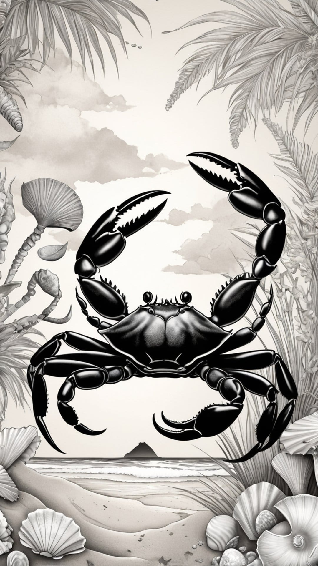 Black crab with raised claws sits on a sandy beach surrounded by palm leaves, seashells, and ocean waves.