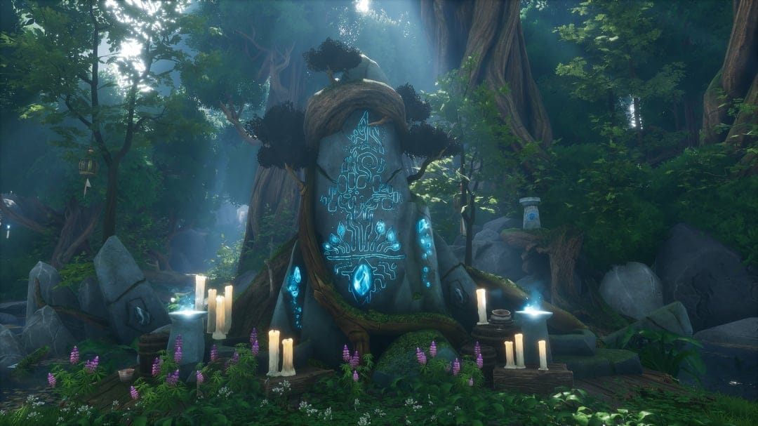 Glowing blue runestone surrounded by candles and purple flowers in a sun-drenched mystical forest landscape.