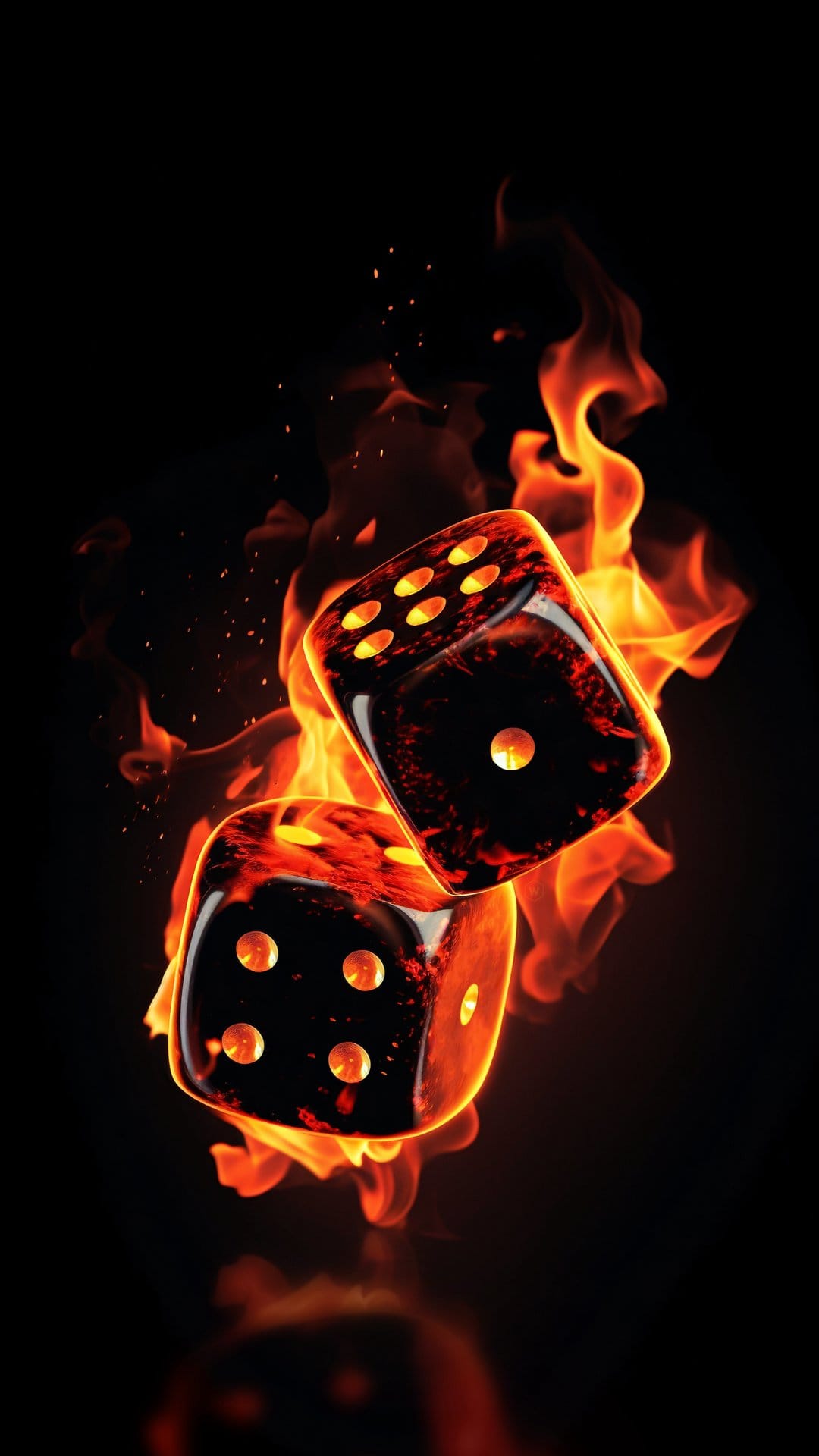 Black dice with glowing red pips engulfed in swirling orange flames against a dark, smokey background.