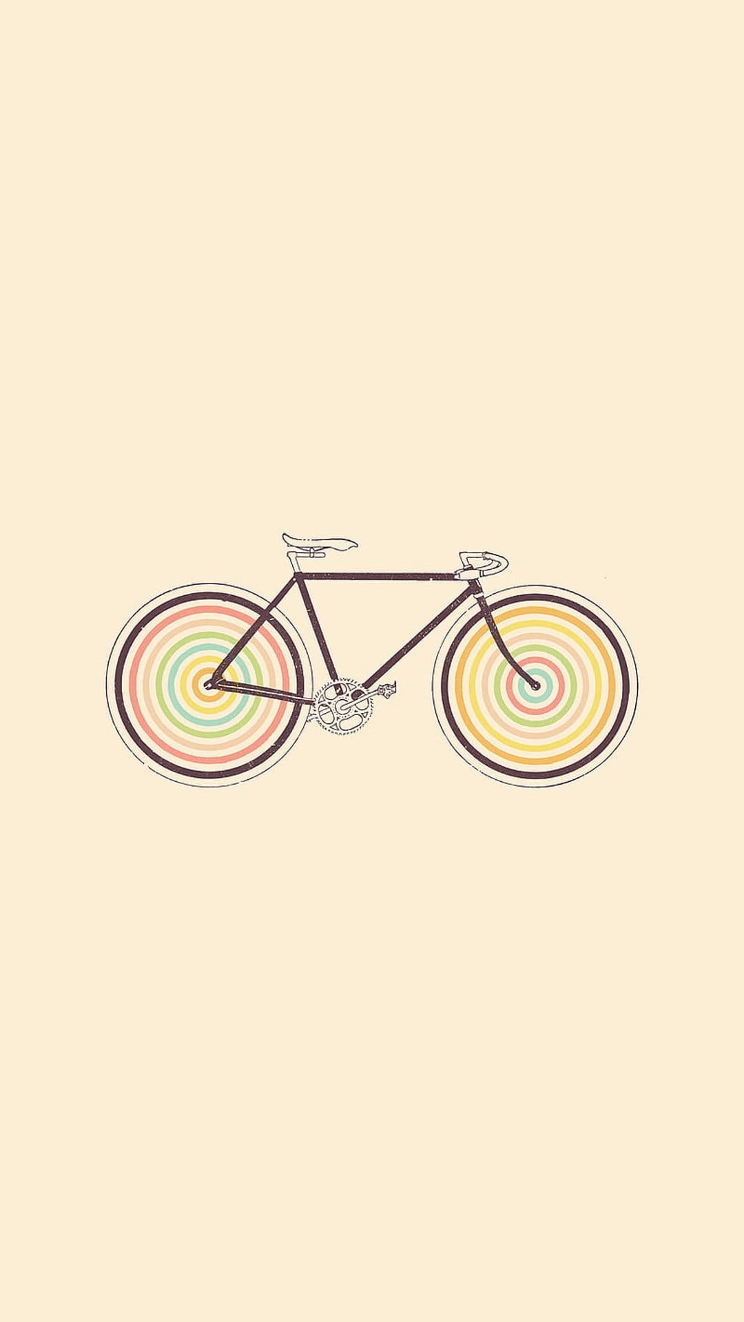 Vintage bicycle with dark frame and rainbow concentric circle wheels centered on a solid cream background.