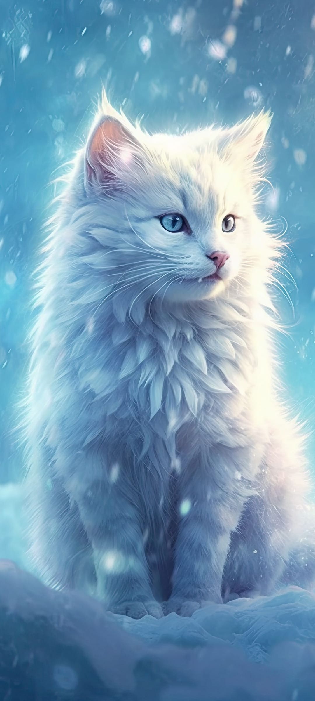 Fluffy white cat with bright blue eyes sitting in a snowy forest while soft white snowflakes fall around its fur.