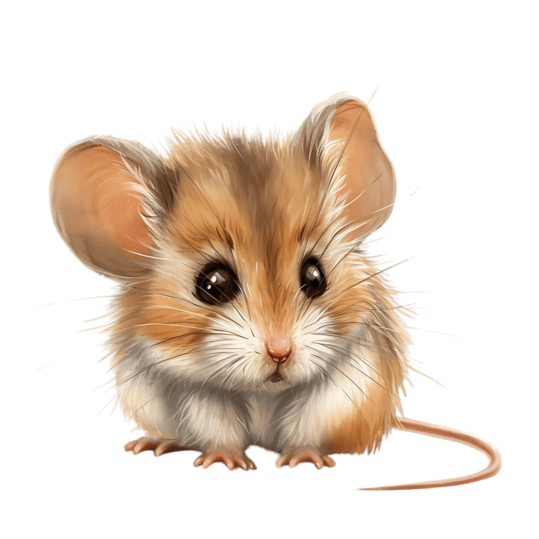 Gerbil illustration with large ears and brown fur set against a black background in a frontal portrait style.