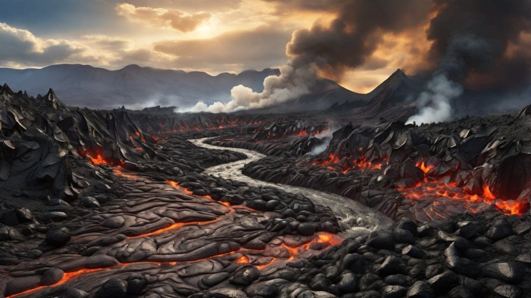 Molten orange lava winds through dark jagged rocks under a smoky ash-filled sky in a vertical volcanic landscape.