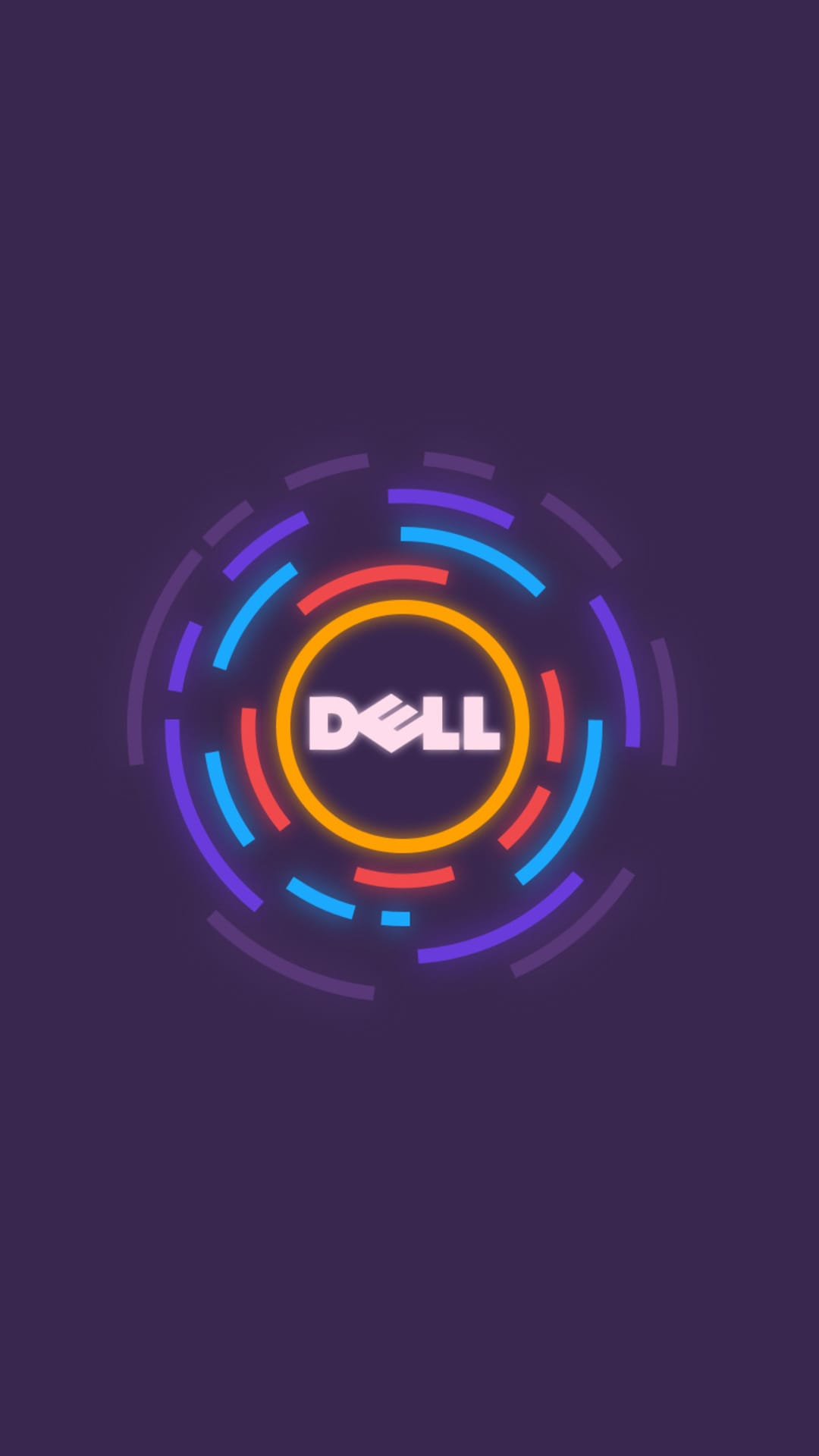 Dell logo centered among glowing orange and cyan circular light trails over a dark purple background.