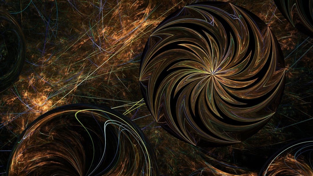 Two spherical fractal orbs with layered petal patterns float against a textured brown and orange cosmic nebula.