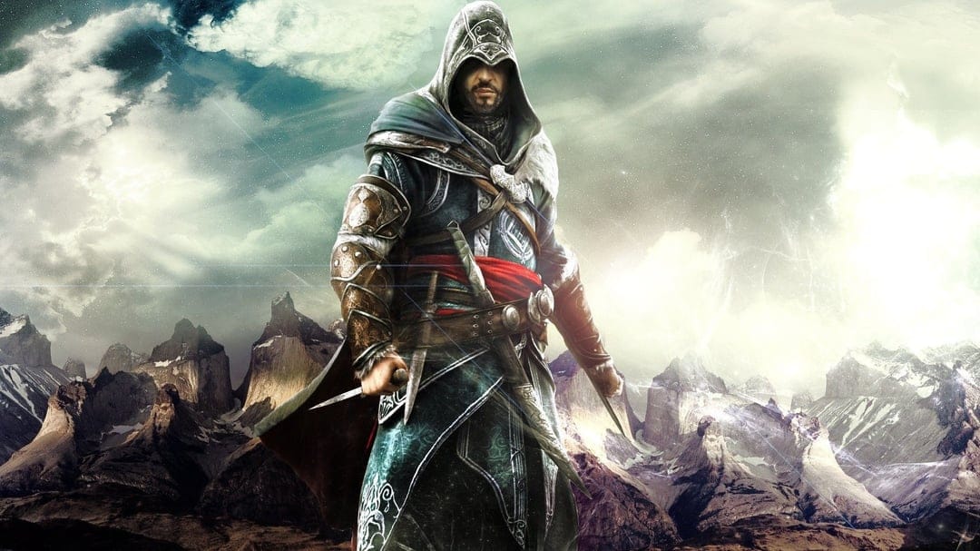 Ezio Auditore stands with hidden blades against a snowy mountain backdrop under a bright, hazy sky.