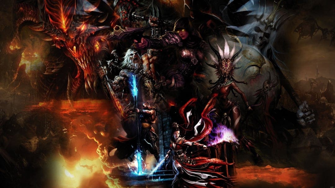 Diablo looms over heroes like a wizard and monk in a high-contrast dark fantasy battle scene with fiery lighting.