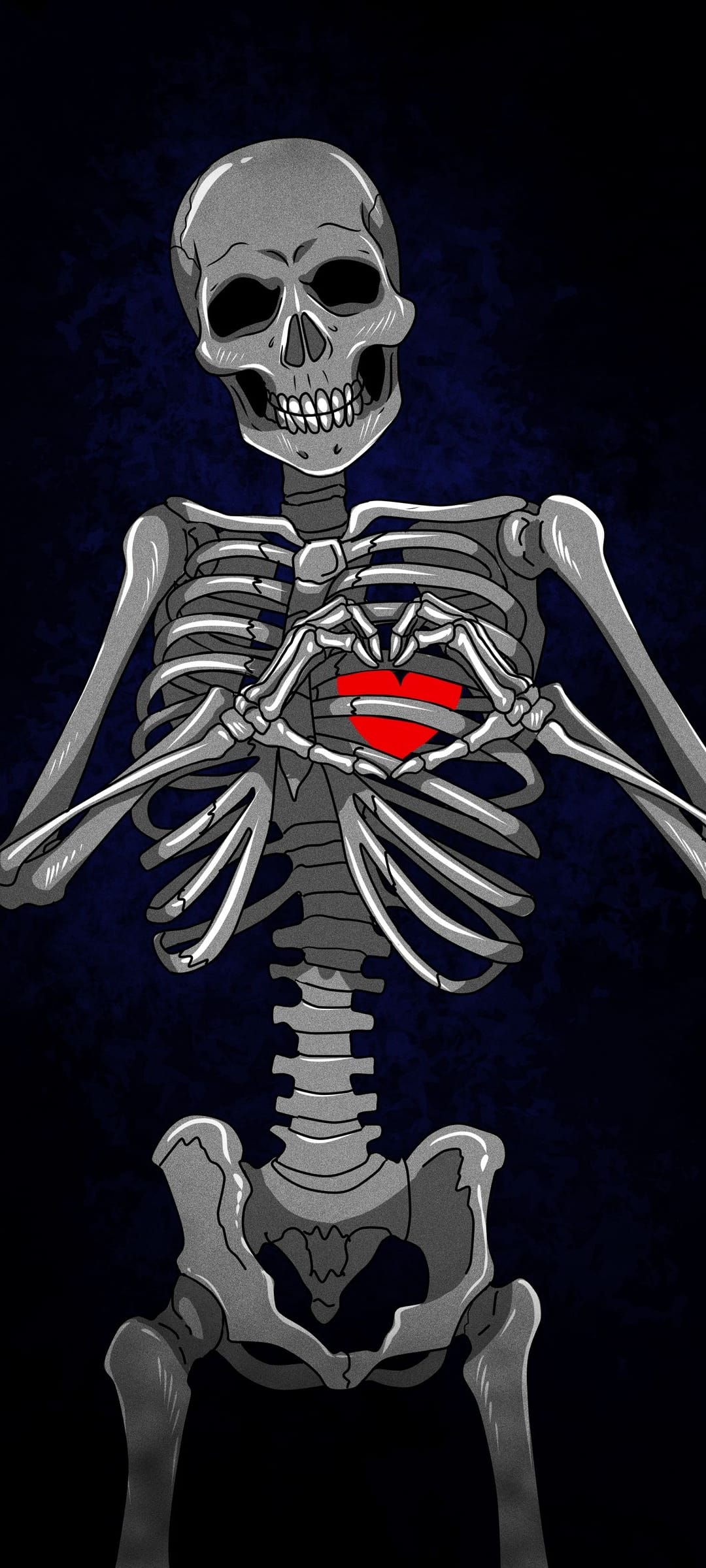 Human skeleton chest and hands forming a heart shape over a glowing red heart on a dark textured background.