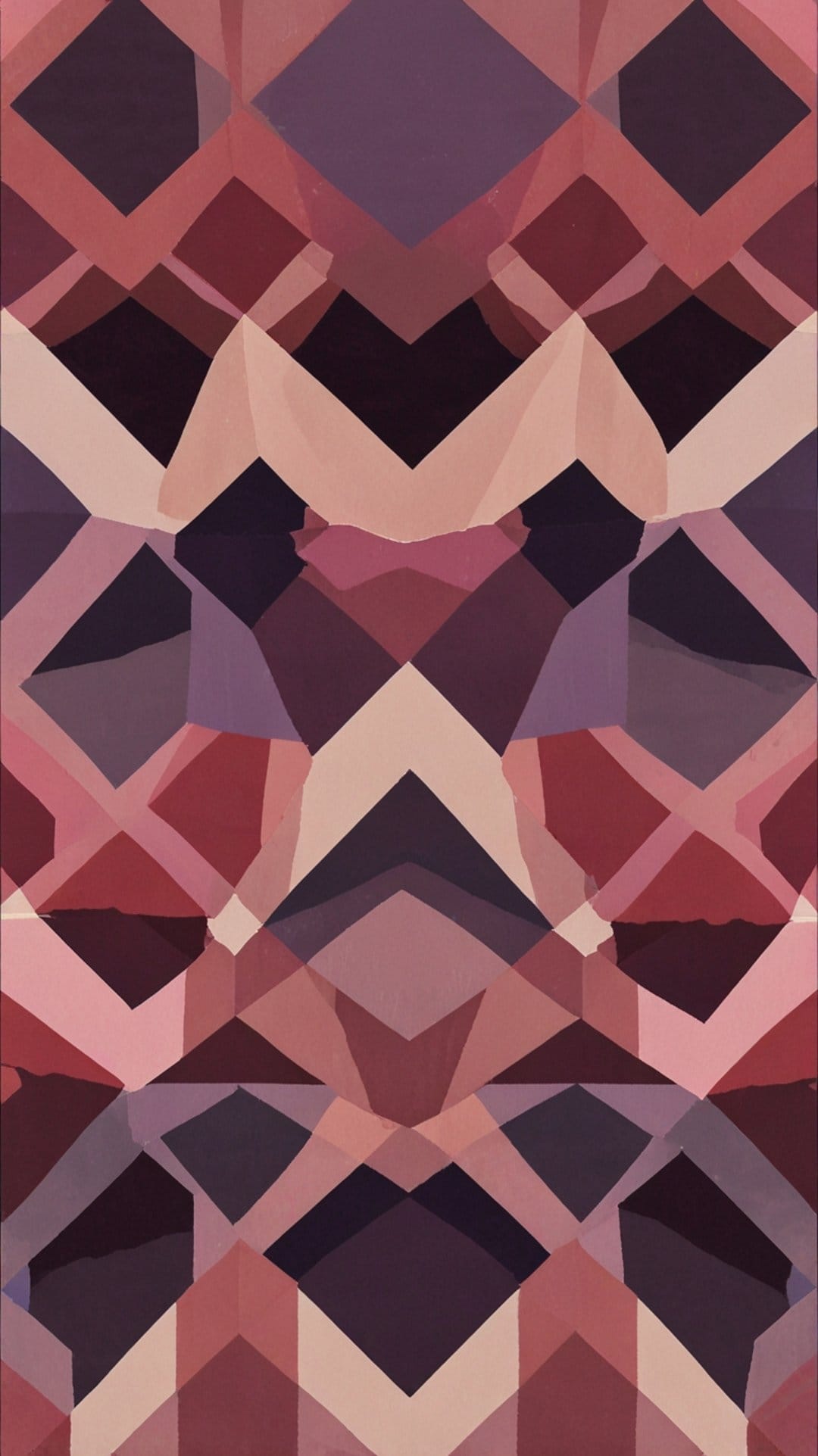 Interlocking purple and pink geometric triangles form a symmetrical, multi-layered pattern with sharp angular edges.