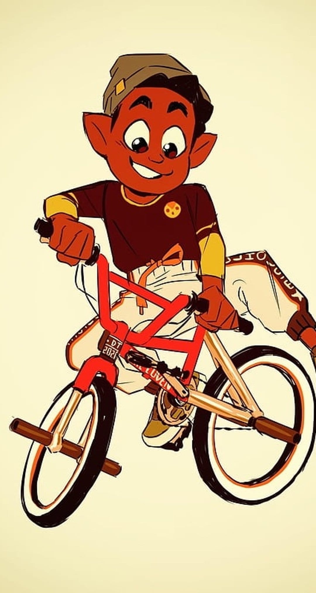 Red character with large eyes rides a red BMX bike with white-walled tires against a plain yellow background.