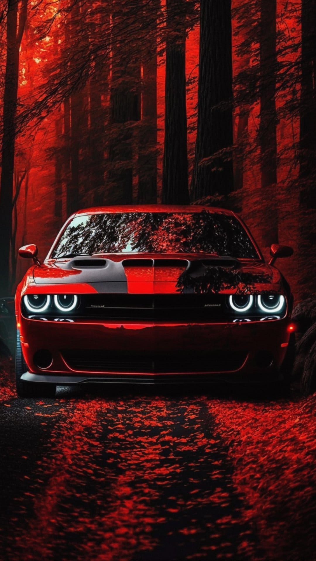 Red Dodge Challenger with white LED headlights sits on a dark forest path covered in glowing crimson autumn leaves.