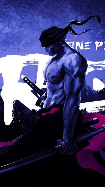 Roronoa Zoro, One Piece, swordsman, anime, character, powerful, muscular, blue, purple, iconic, fan art, warrior, manga, cool, determined, three swords, pirate hunter, strong, Ashura, Shonen