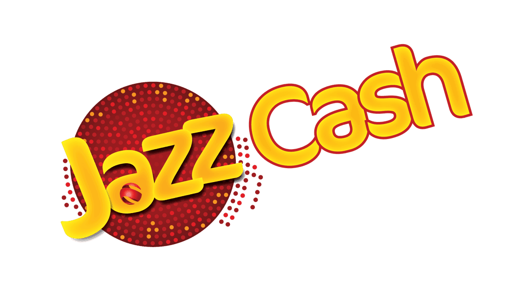 JazzCash financial logo featuring red and yellow typography with a geometric sunburst emblem on a clear backdrop.