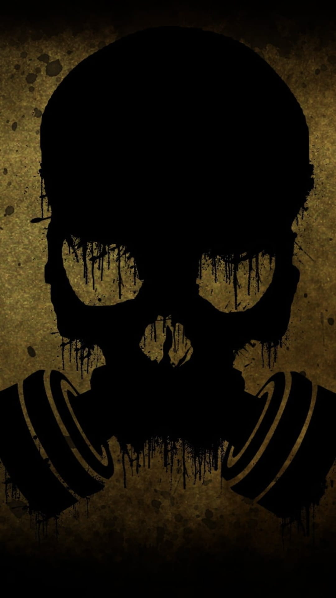 Skull wearing a gas mask drips with black paint against a distressed, splattered background for a dark aesthetic.