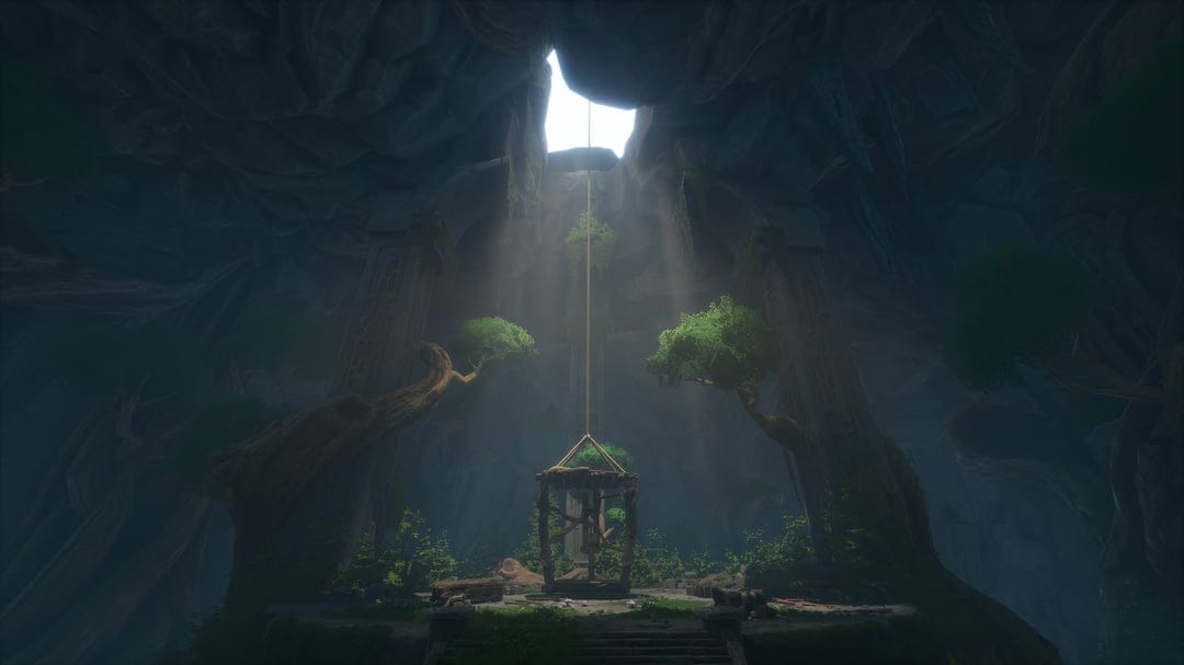 Sunlight beams onto a wooden structure in a dark overgrown cave with ancient stone pillars and green trees.