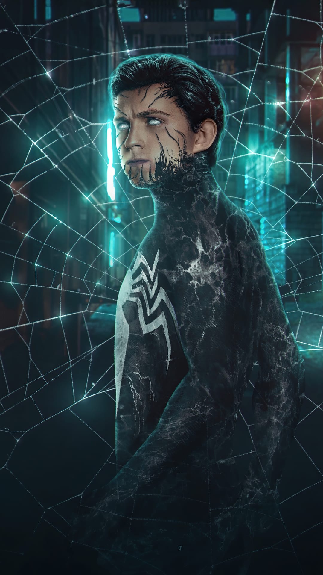 Spider-Man's face partially covered by black oily Venom symbiote tendrils with glowing white spiderwebs behind him.
