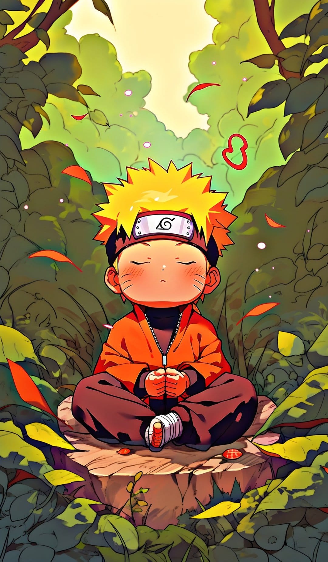 Naruto Uzumaki meditates on a stone in a green forest with red leaves falling around his orange jumpsuit.