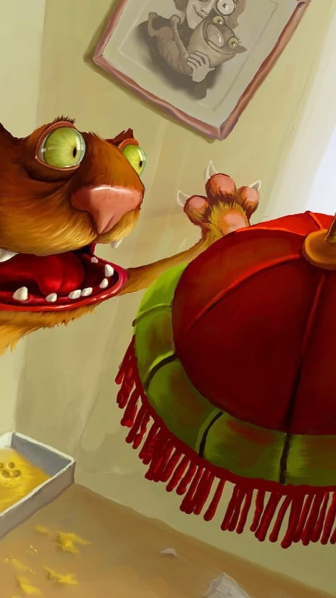 Green-eyed cartoon cat with an open mouth bats a red and green fringed pillow in a cozy, decorated room.