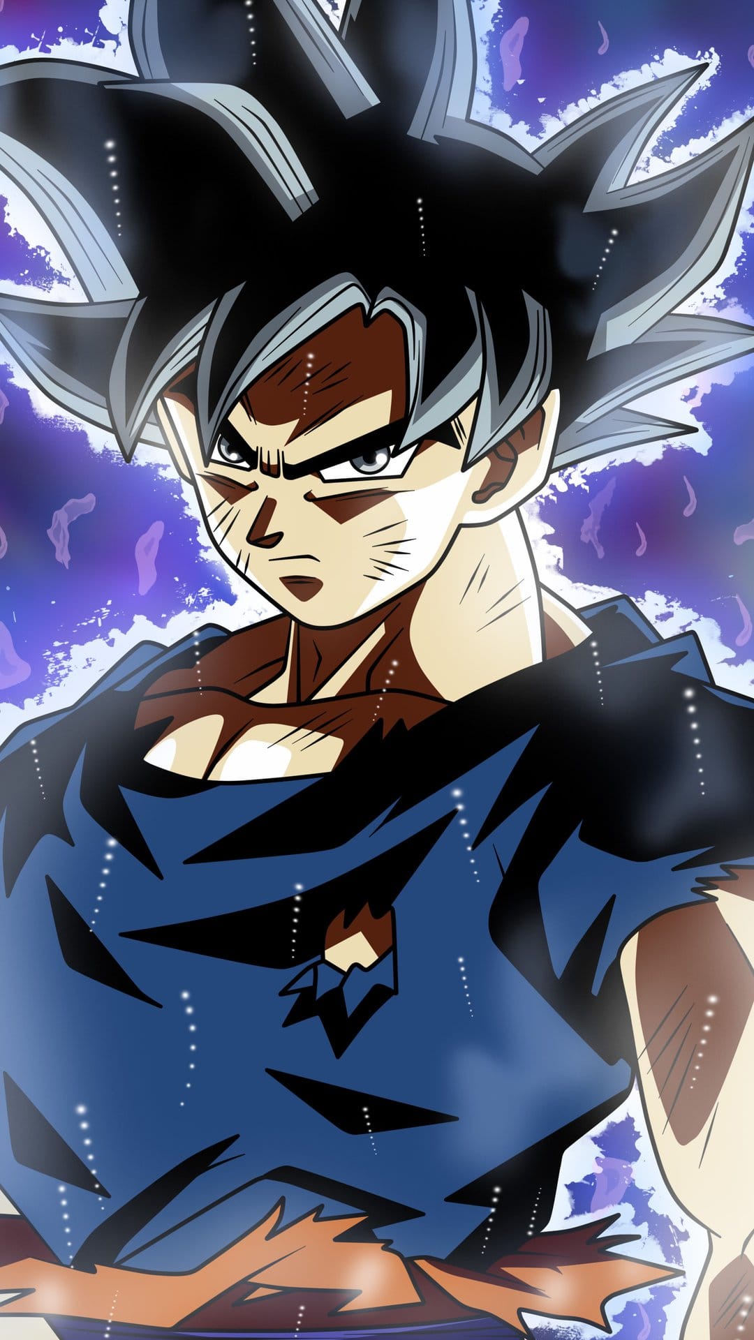 Goku in Ultra Instinct form with silver hair and a glowing purple aura surrounded by floating energy particles.