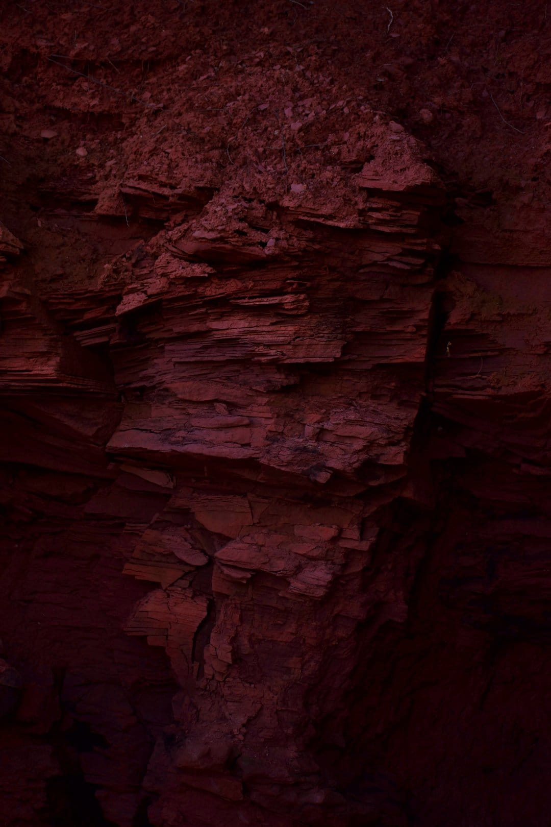 Horizontal layers of deep red and orange sedimentary rock reveal weathered textures and fine mineral veins.