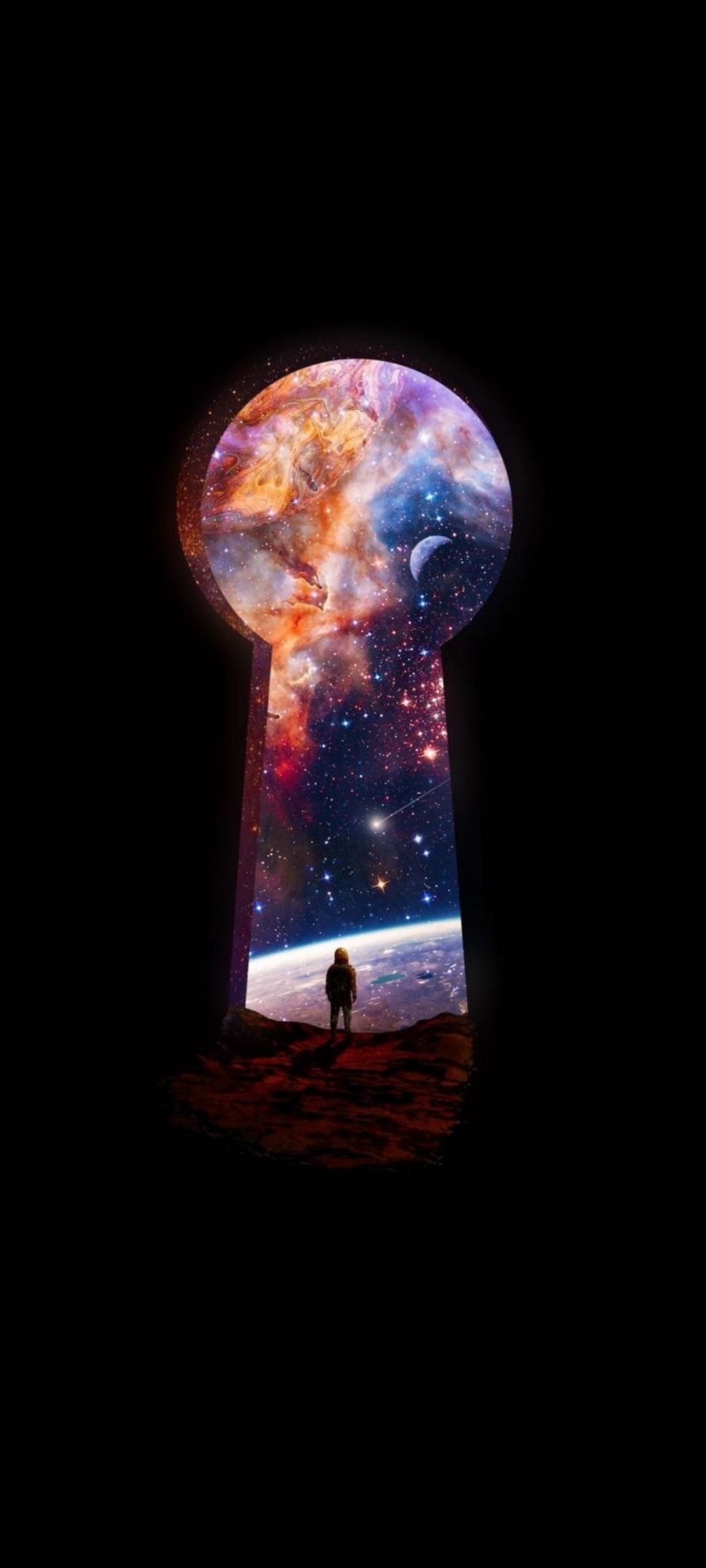 Astronaut on a rocky surface gazes through a keyhole-shaped portal at Earth amidst vibrant purple nebulae.