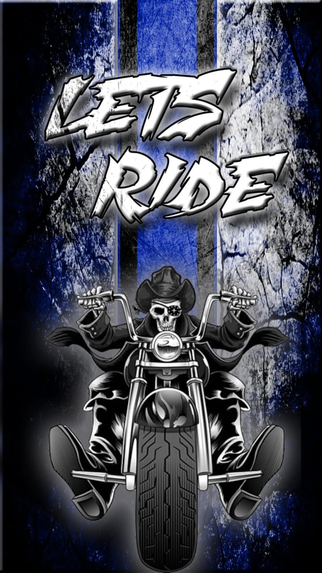 Skeleton biker in a cowboy hat and eyepatch riding a motorcycle with blue striped grunge background elements.