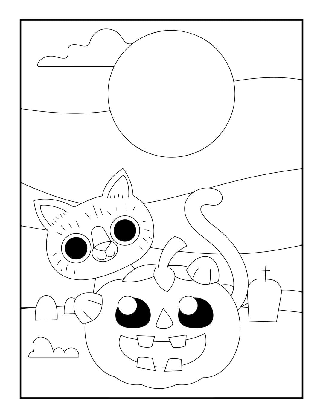 Halloween cat coloring page featuring a feline peeking over a pumpkin lantern in a graveyard under a full moon.