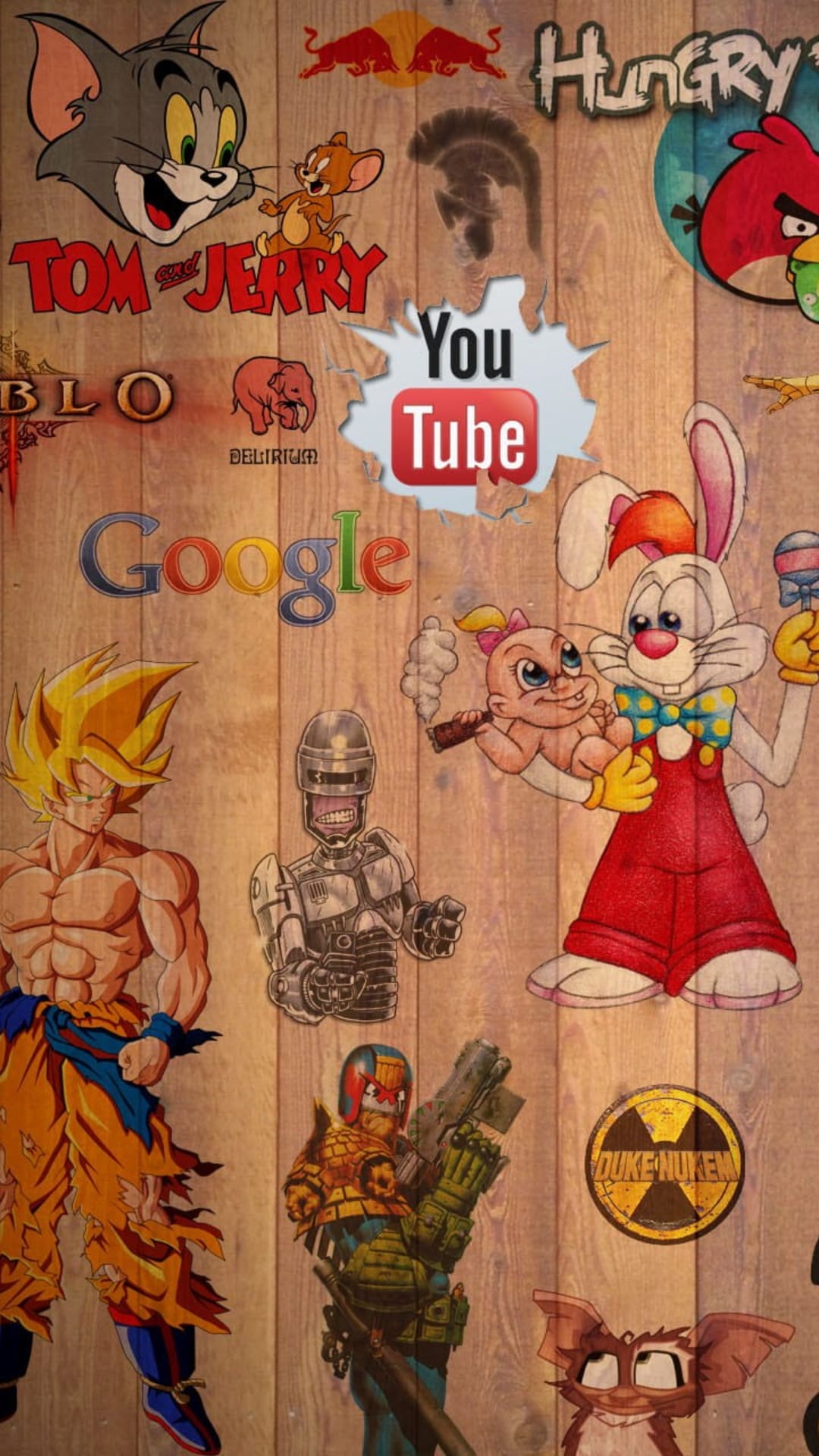 Tom, Jerry, and Goku appear in a dense character collage over a brown wood grain textured background.
